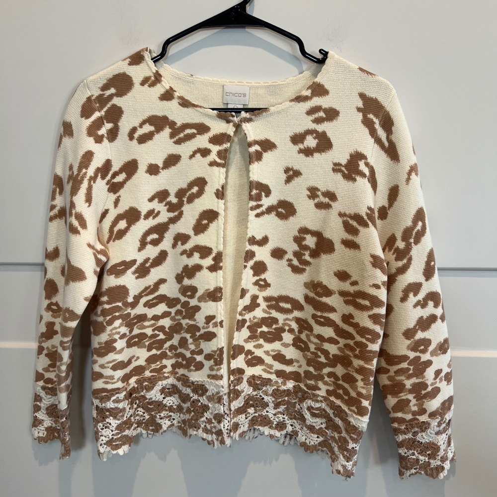 Chicos Animal Print Lace‎ Trim Cardigan Womens 0/Small Sweater Ivory Brown